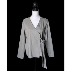 Crea Concept Gray Linen Blend Long Sleeve V Neck Wrap Blouse Top Size 40 Medium